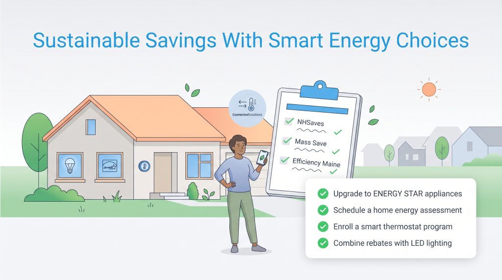 A person uses a phone near a house with smart devices and a checklist of energy rebate programs and actions.