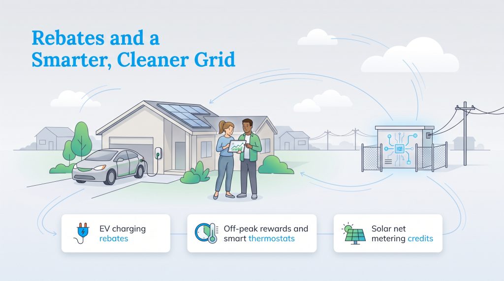 An illustration of a solar-powered home with an EV connected to a smart electrical grid.