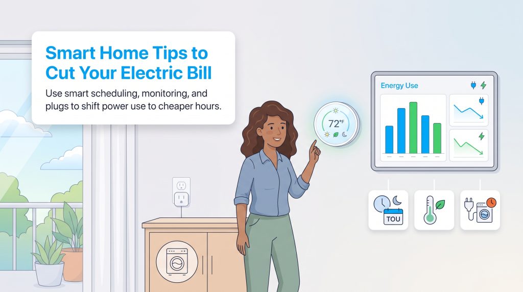 Illustration of a woman adjusting a smart thermostat next to an energy monitoring dashboard