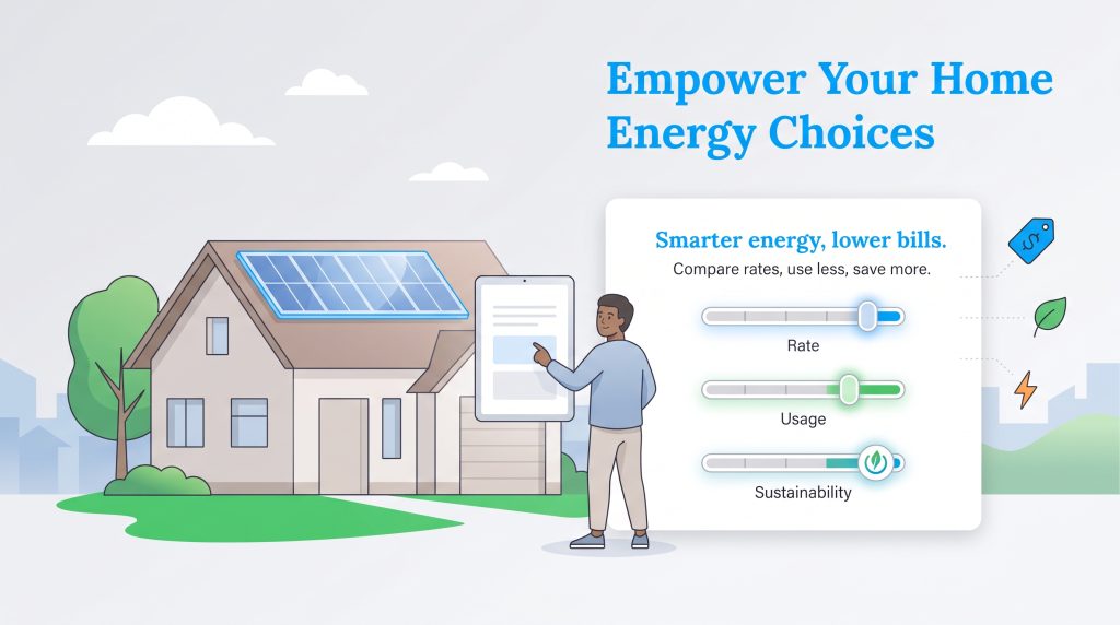 Illustration of a person adjusting settings on a solar-powered house energy dashboard