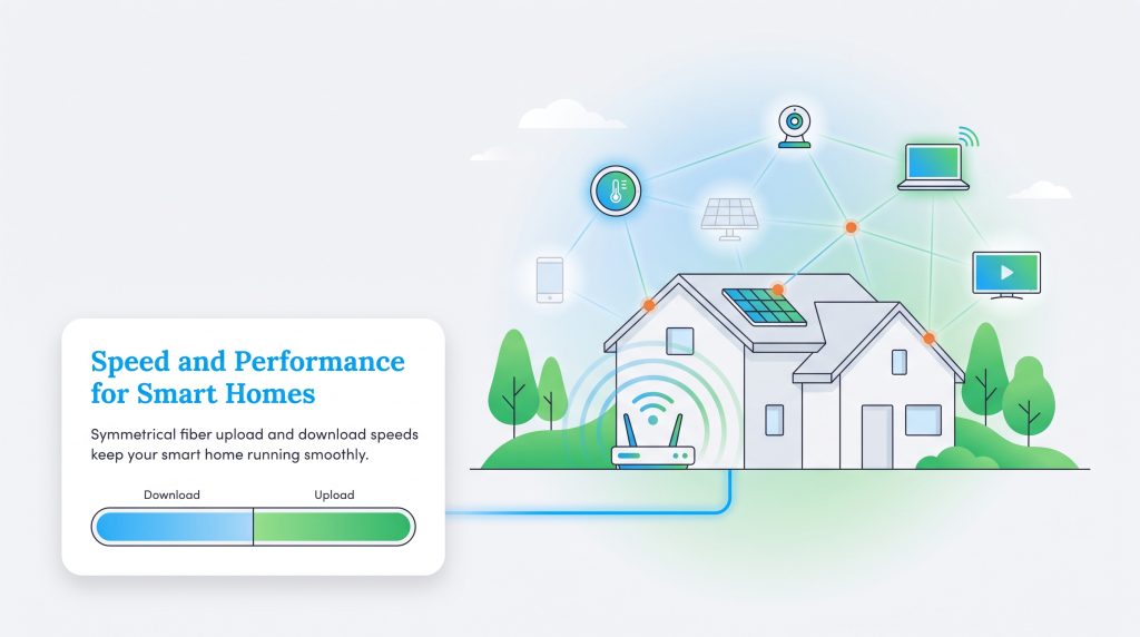 An illustration of a smart home with devices connected to a router, highlighting symmetrical fiber speeds.