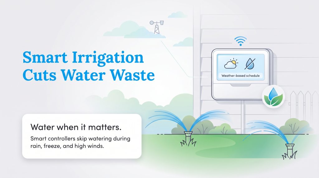 Smart irrigation controller illustration showing weather-based scheduling to reduce water waste.