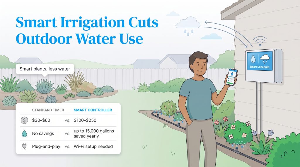 Comparison of smart controllers and standard timers for outdoor water conservation.