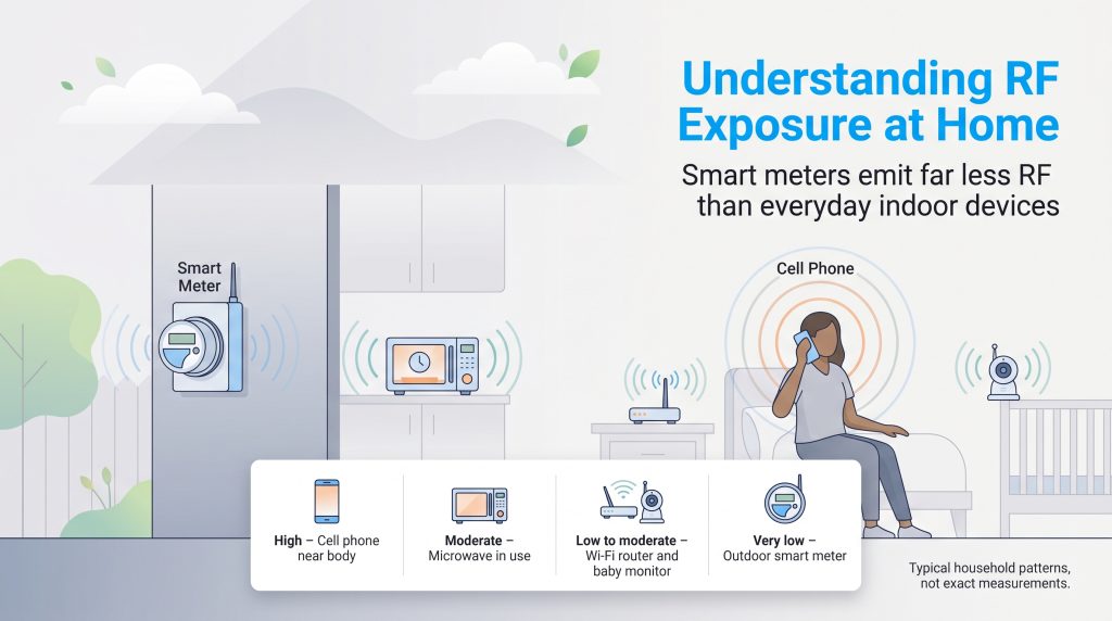 Graphic comparing RF exposure levels of a smart meter to common household electronics.