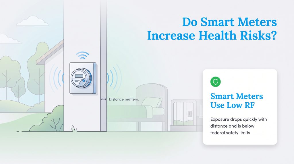 Smart meter on an exterior wall showing distance separating it from indoor beds