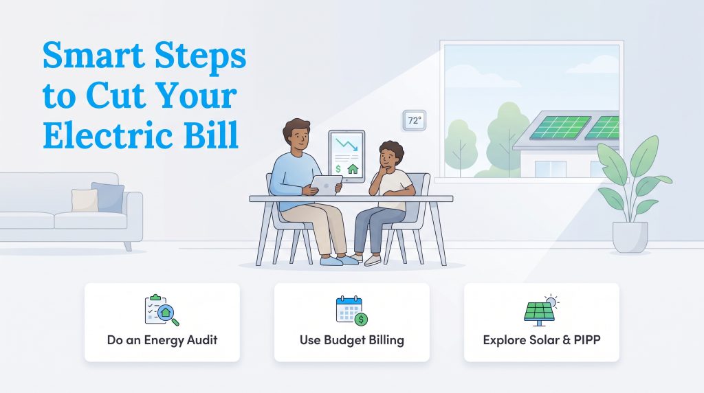 Infographic showing steps to lower electricity bills, including energy audits and solar power.
