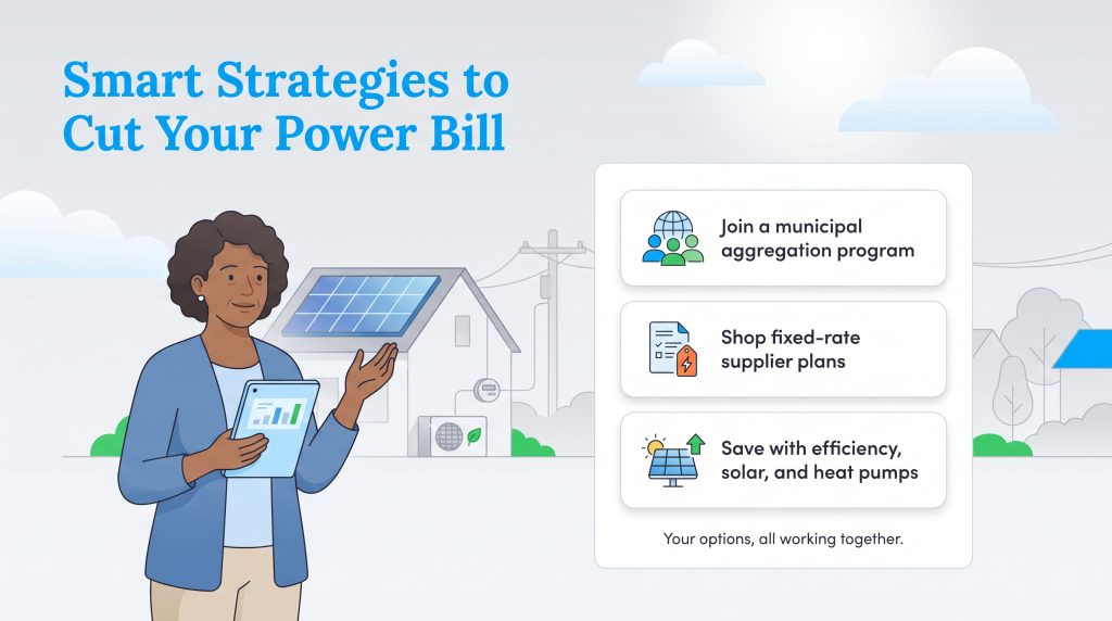 Infographic showing a woman and house with solar panels, alongside a list of three electricity bill saving strategies.