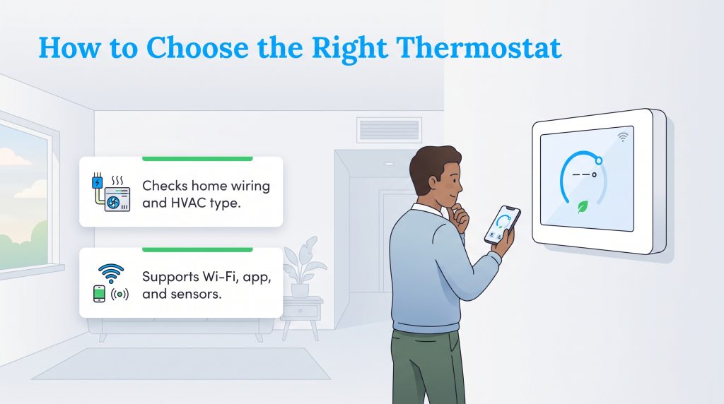 Illustration showing a man with a smart thermostat and points about checking wiring and Wi-Fi support.
