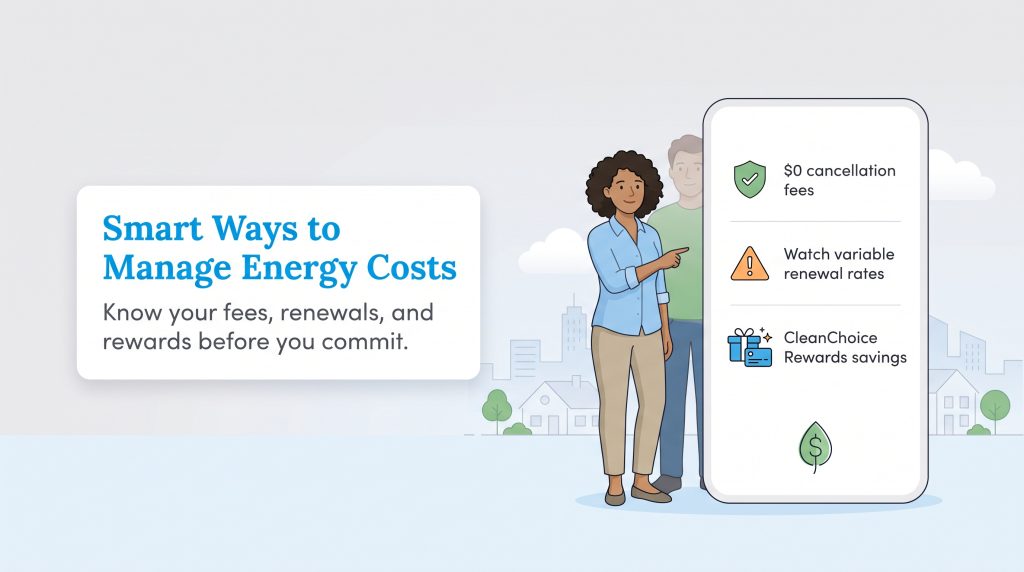 Illustration highlighting energy saving tips, cancellation fees, and rewards