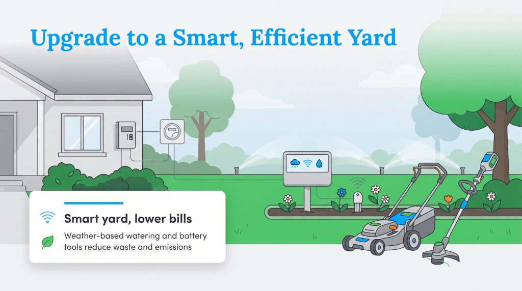 Illustration of a smart yard with weather-based irrigation, soil sensors, and battery-powered tools.