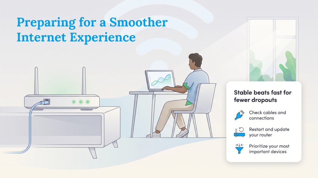 A person uses a laptop near a router, next to a text box with three tips for a stable internet connection.