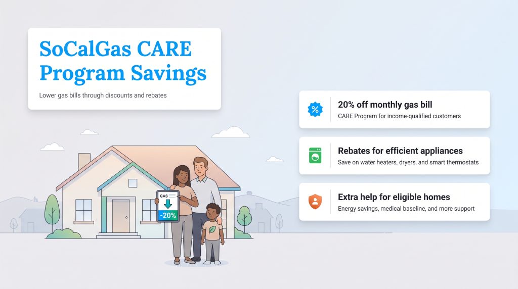 Family outside home with details of SoCalGas CARE savings rebates and energy assistance