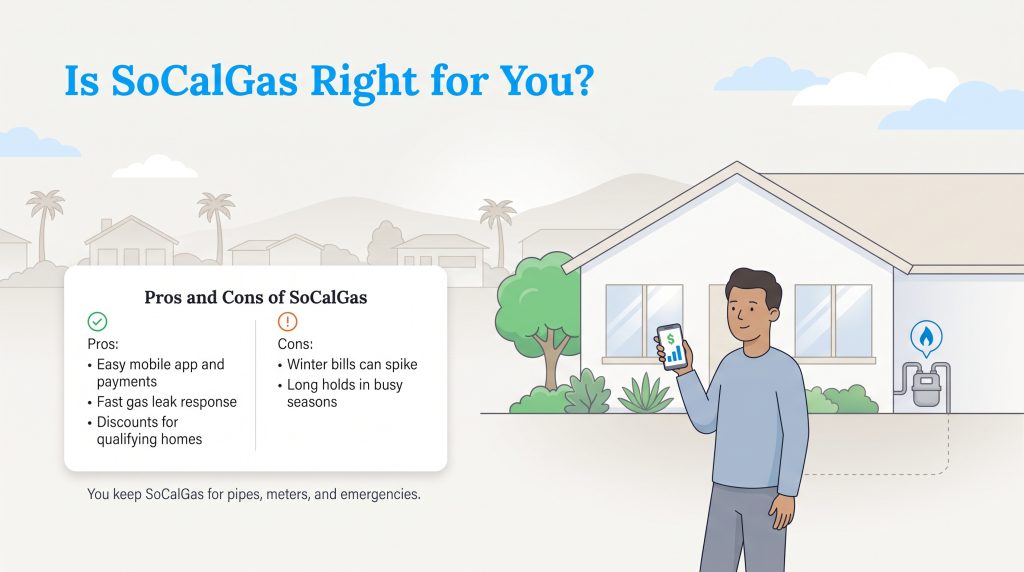 Graphic listing pros and cons of SoCalGas next to a man using a mobile app outside his home
