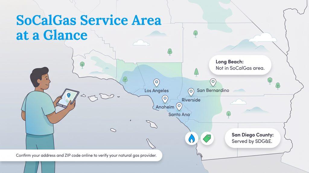 Map of the SoCalGas service area in Southern California showing covered and excluded cities