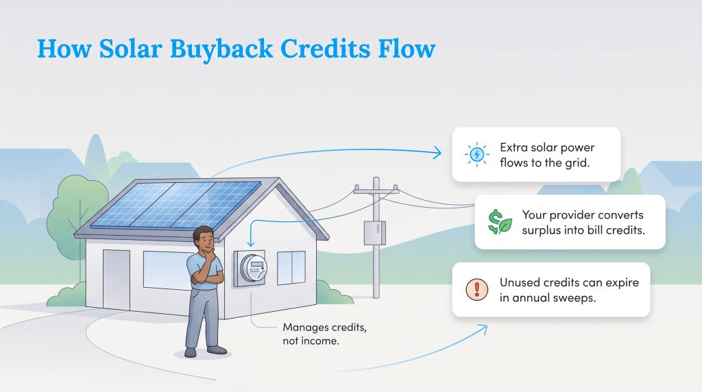 Diagram showing how excess residential solar energy flows to the grid and generates bill credits.