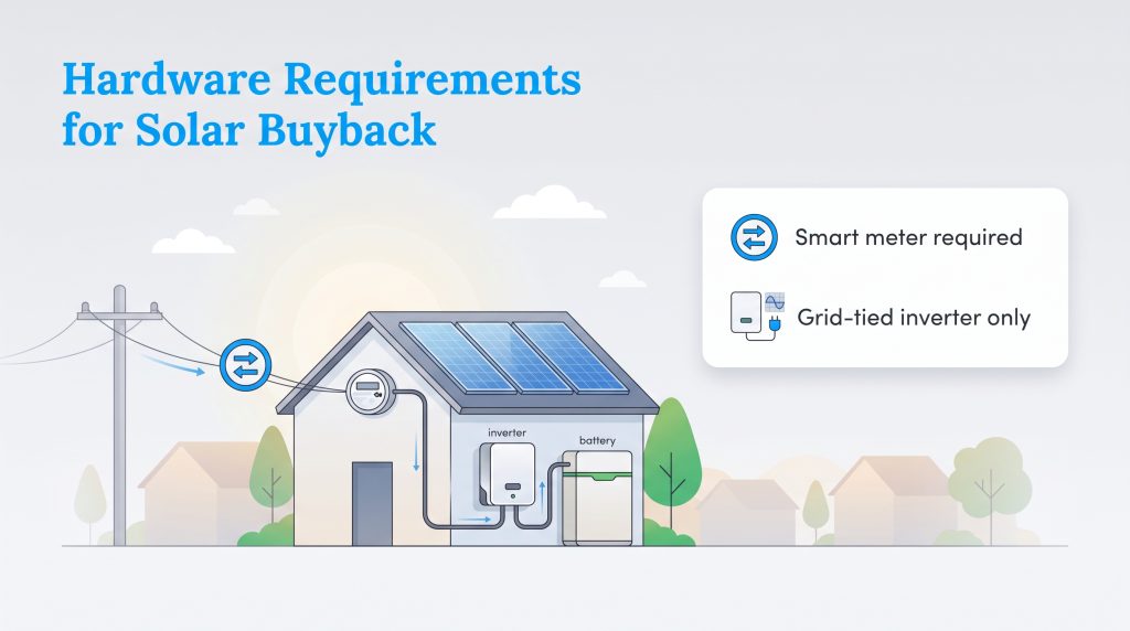 Diagram of a home solar setup highlighting a smart meter and grid-tied inverter.