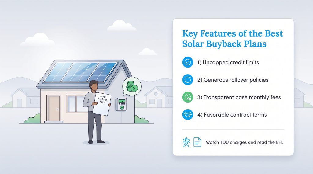 Key features of solar buyback plans including uncapped credits, rollovers, and transparent fees.