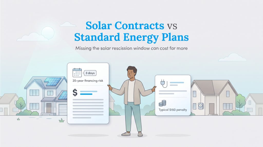 A comparison of solar contract financial risks versus standard energy plan cancellation fees.