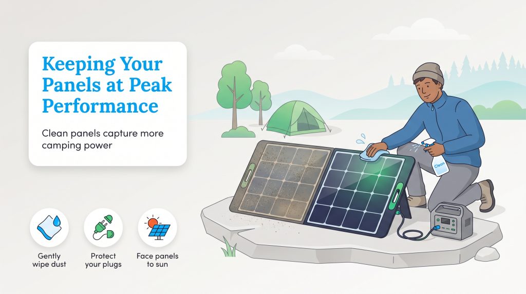 Illustration of a person wiping dirt off portable solar panels next to a tent.