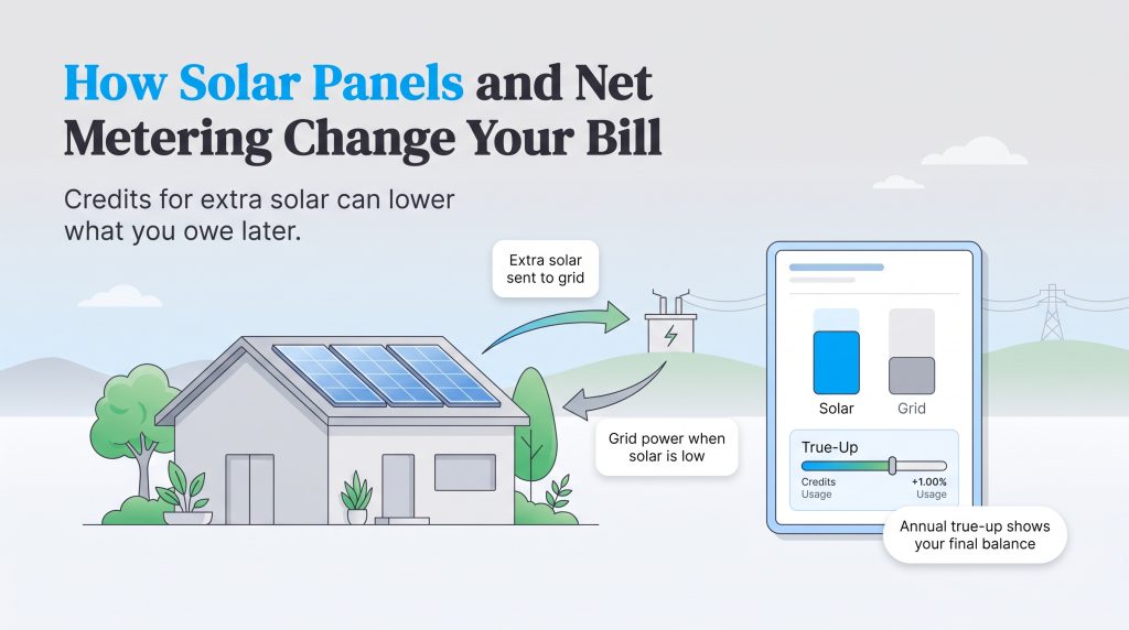House with solar panels exchanging energy with the grid, tracked on a digital bill.