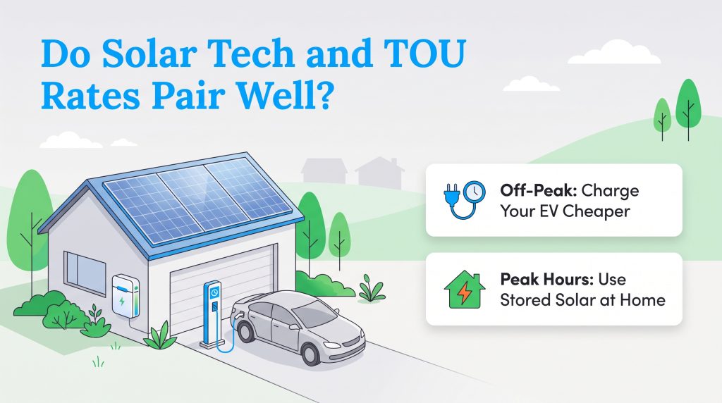 Illustration of a solar-powered house charging an electric vehicle with TOU rate tips