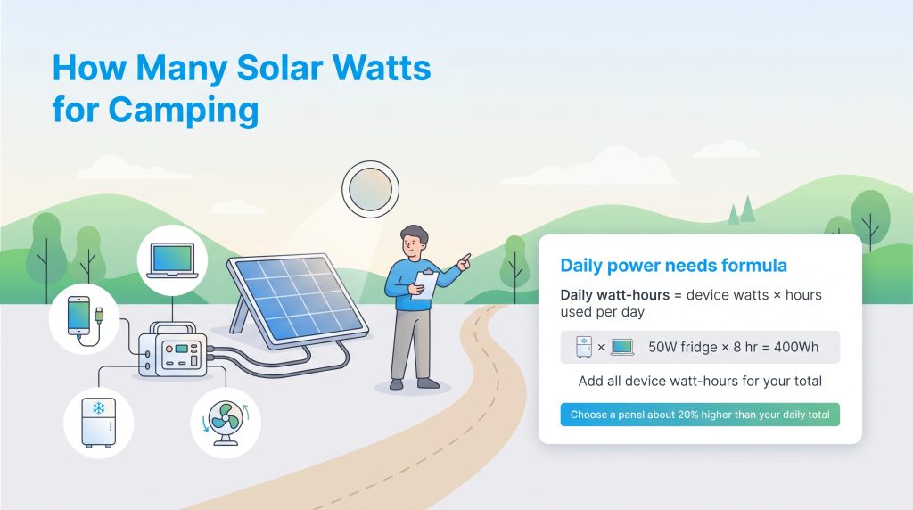 Campsite solar setup illustration with a formula to calculate daily power needs.
