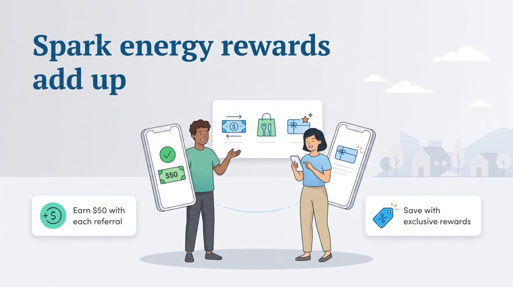 Illustration showing users earning fifty dollars through referrals and saving with rewards
