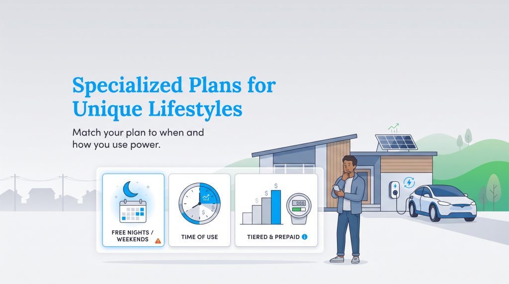 An illustration showing three specialized energy plans next to a home with an electric car