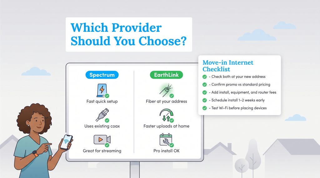 An infographic comparing Spectrum and EarthLink internet services with a move-in checklist