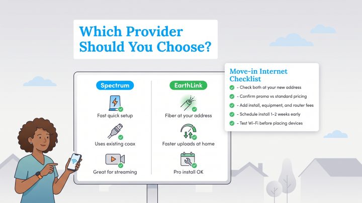 An infographic comparing Spectrum and EarthLink internet services with a move-in checklist