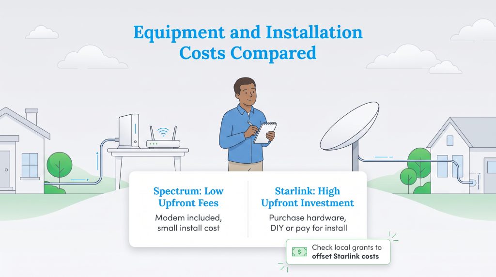 Visual comparison of Spectrum and Starlink installation setup and costs