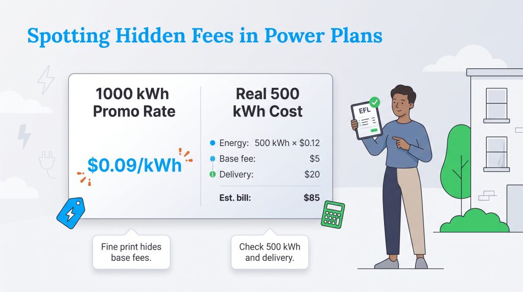 Infographic comparing a low 1000 kWh promotional electricity rate with a realistic 500 kWh bill that includes base and delivery fees.