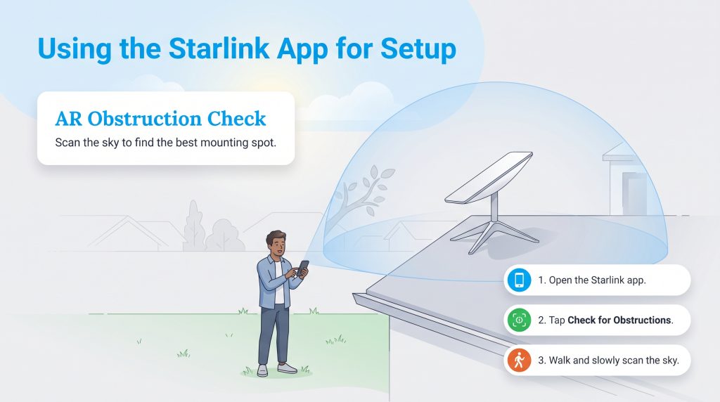 Infographic showing how to use the Starlink app AR tool to check for obstructions.