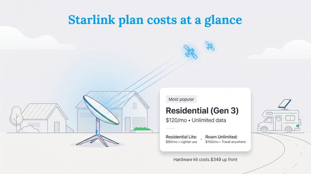 Graphic showing Starlink plan pricing with Residential Gen 3 costing 120 dollars per month