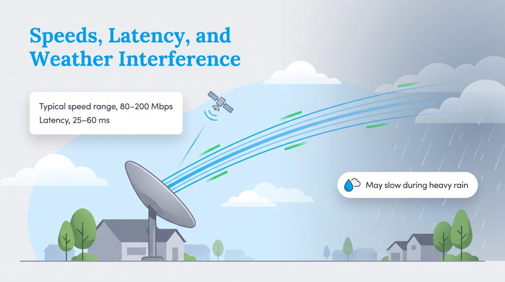 Illustration showing typical satellite internet speeds, latency, and potential rain slowdown