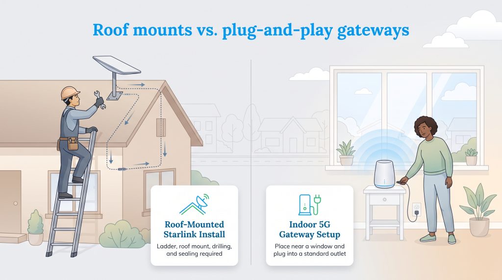 Comparison of complex Starlink roof installation versus simple indoor 5G gateway setup
