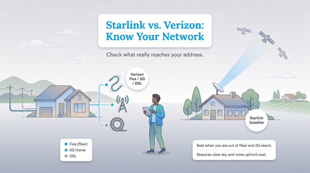 Comparison of Verizon fiber, 5G, and DSL options against Starlink satellite internet.