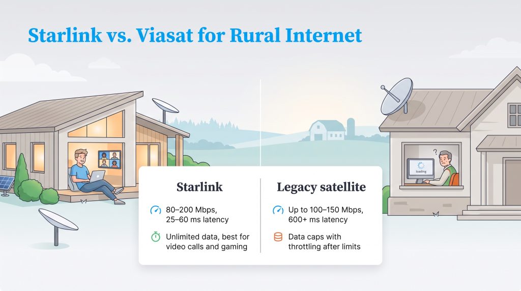 Comparison of Starlink and legacy satellite internet performance in rural areas.