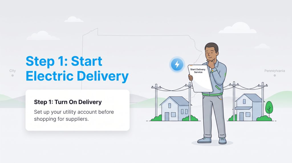 Illustration of starting Pennsylvania electric utility delivery service with houses and power lines.