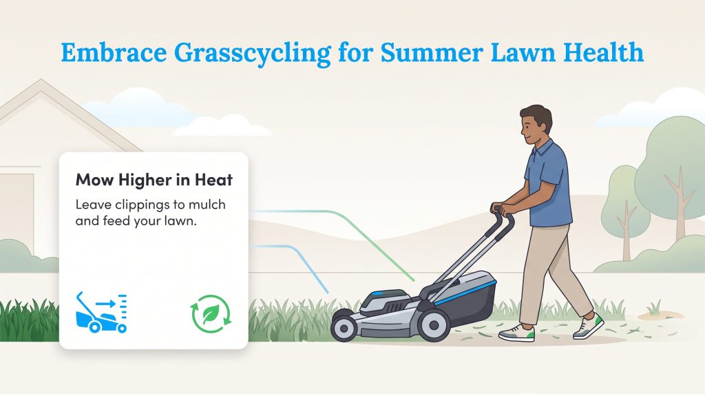 An illustration of a man mowing a lawn, with text advising to mow higher and leave clippings for summer health.
