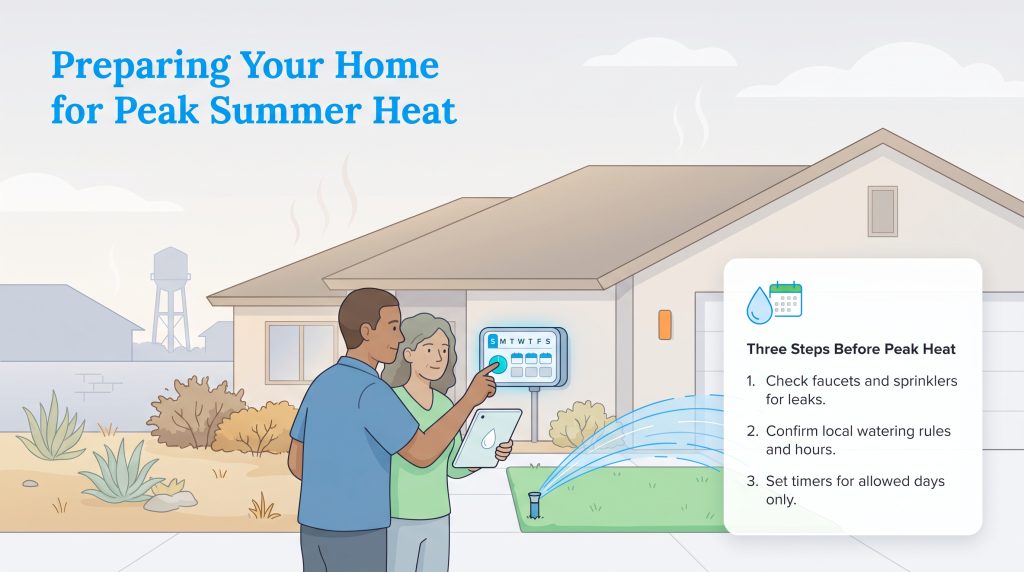 A couple adjusts a smart sprinkler timer outside their home to prepare for peak summer heat.