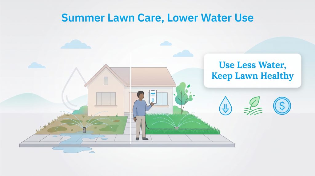 Illustration of a man using a smart controller to manage sprinklers on a split lawn, showing efficient vs. wasteful watering.