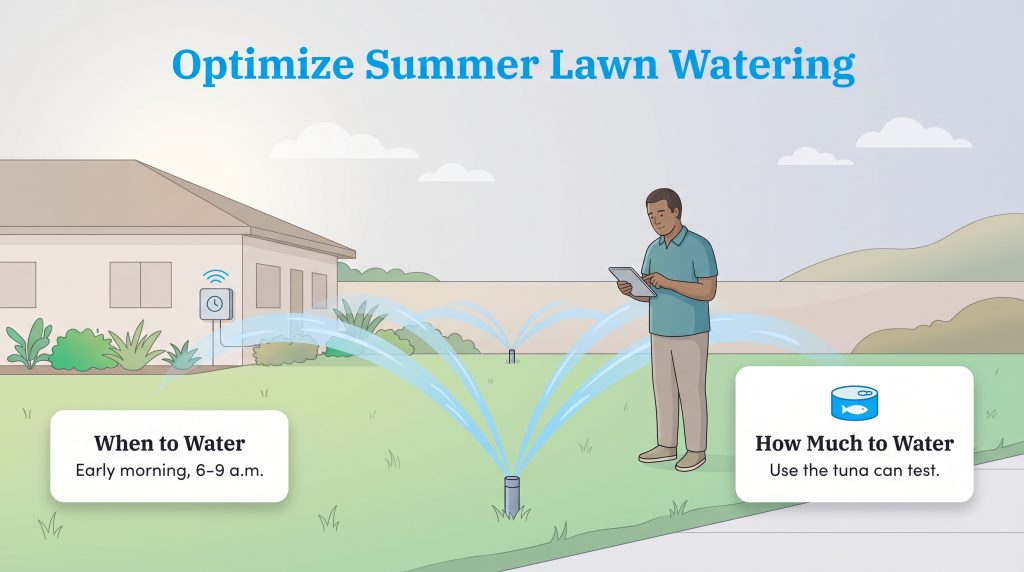 Infographic with a man, sprinklers, and tips for early morning watering and using a tuna can test.