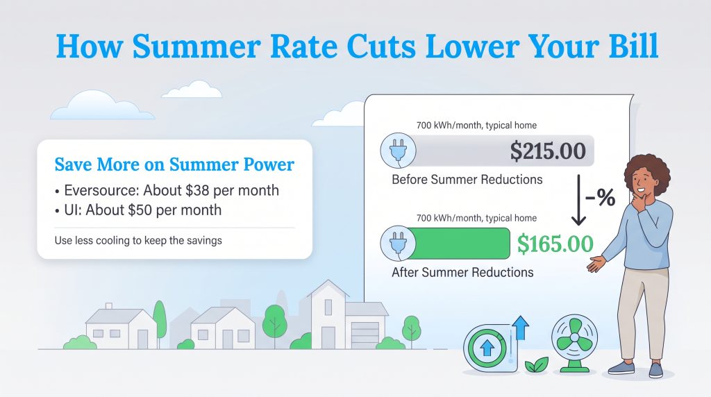 Infographic showing a monthly power bill decrease from 215 to 165 dollars after rate cuts.