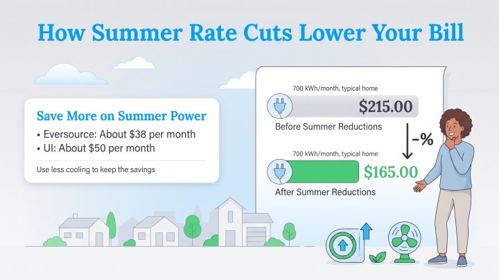 Infographic showing a monthly power bill decrease from 215 to 165 dollars after rate cuts.