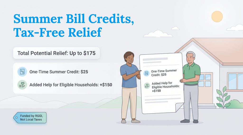 Infographic showing total potential summer utility bill relief of up to 175 dollars.