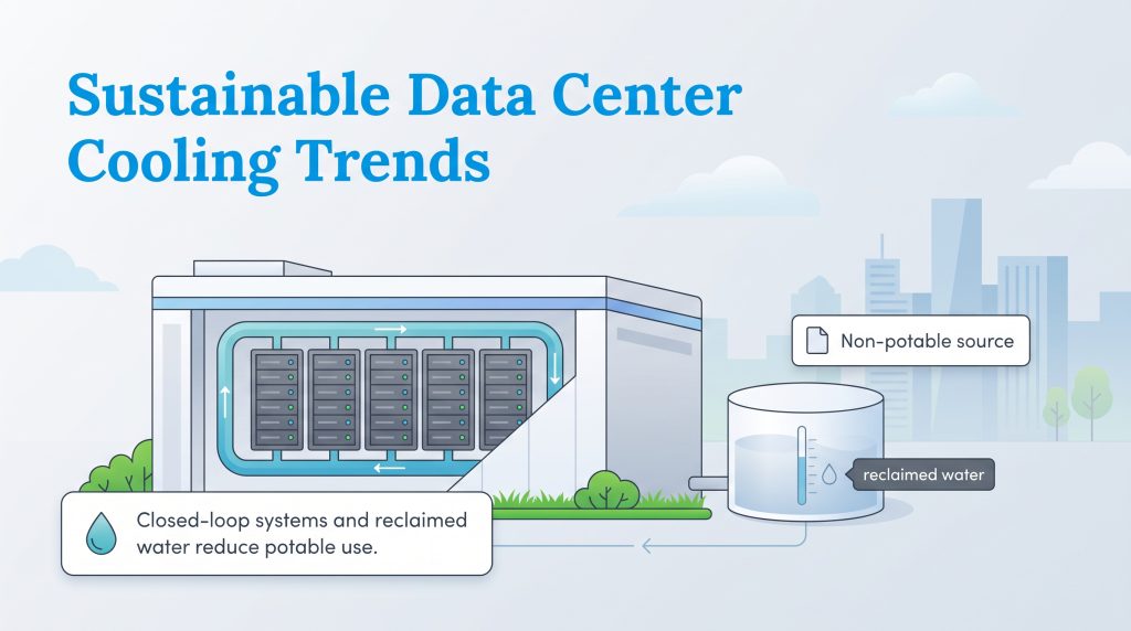 Illustration of closed-loop cooling and reclaimed water systems in a sustainable data center
