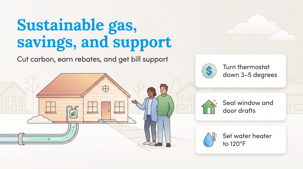 Illustration of a couple by a sustainable home next to three tips for energy savings.