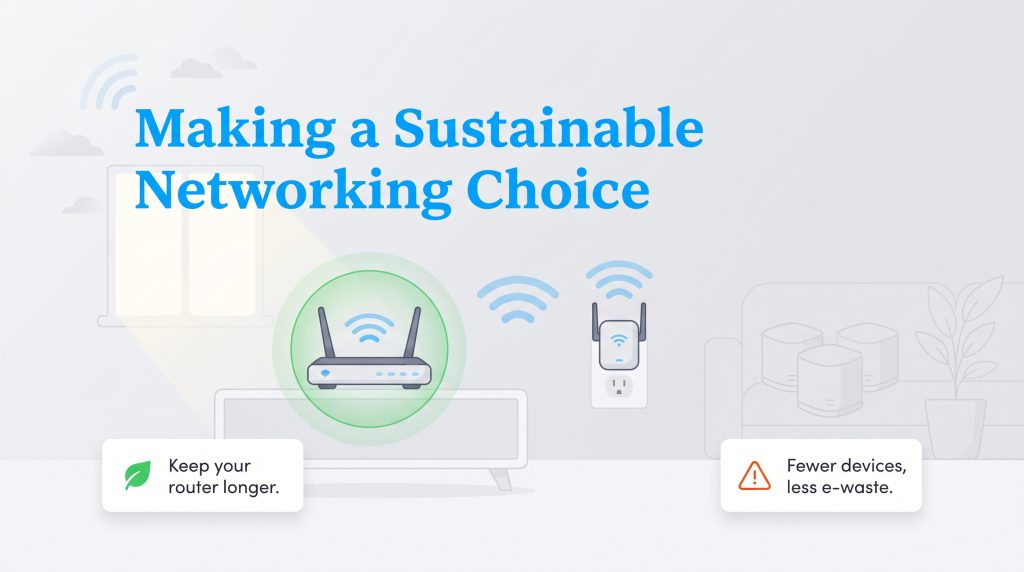 Graphic showing a router and Wi-Fi extender with text on reducing e-waste by keeping your router.