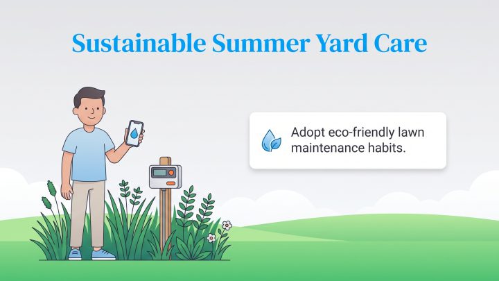 A man with a smartphone stands next to a smart irrigation controller, with text about adopting eco-friendly lawn habits.